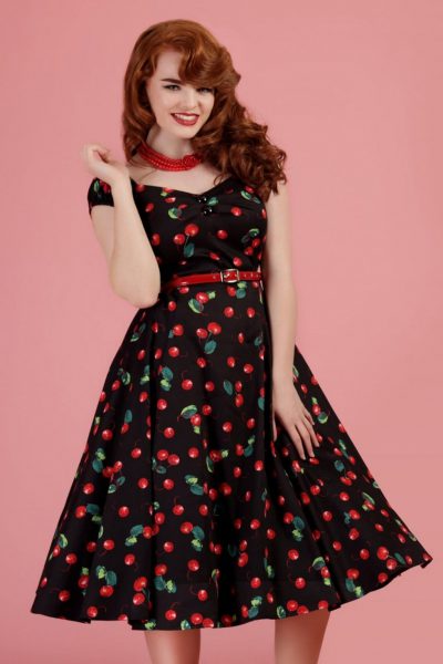 50s Dolores Cherry Doll Swing Dress in Black