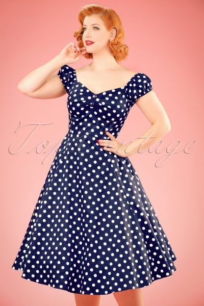 50s Dolores Polkadots Doll Swing Dress in Navy and White