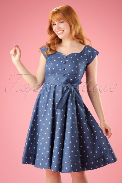 50s Judy Hearts Swing Dress in Denim