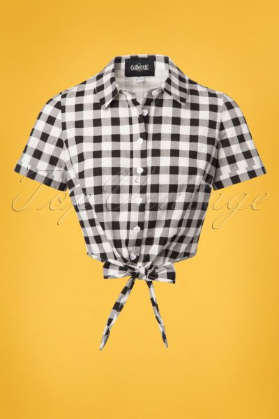 50s Sammy Vintage Gingham Tie Blouse in Black