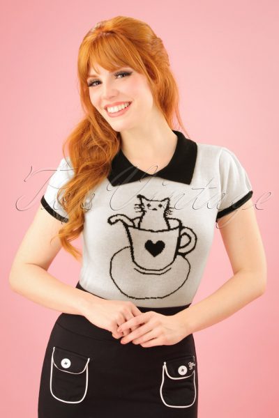 60s Tara Cat Shirt in Ivory and Black