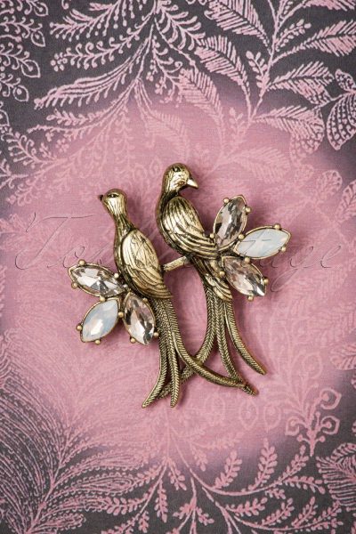 30s Crystal Love Birds Brooch in Gold