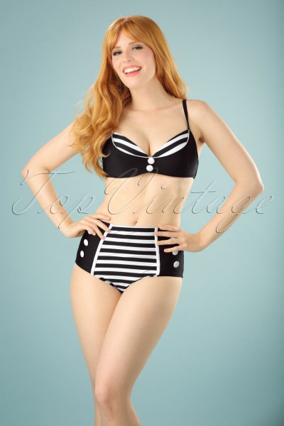 50s Joelle Stripes Bikini Top in Black and White