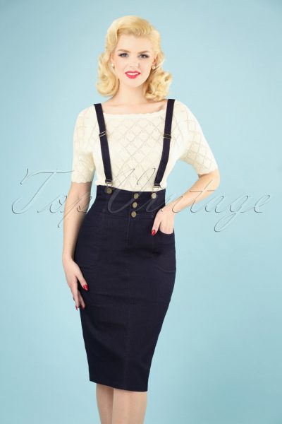 50s Nomi Denim Dungaree Pencil Skirt in Navy