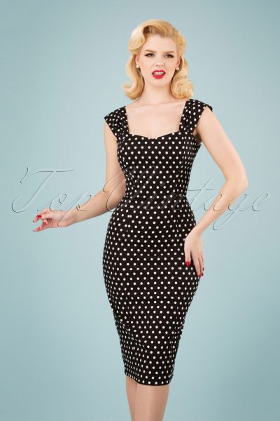 50s Jill Polka Dot Pencil Dress in Black