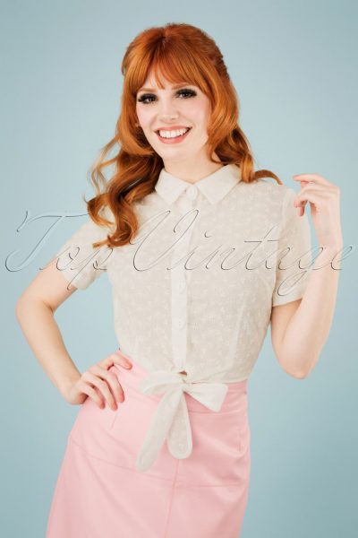 50s Sammy Broderie Anglaise Tie Blouse in White