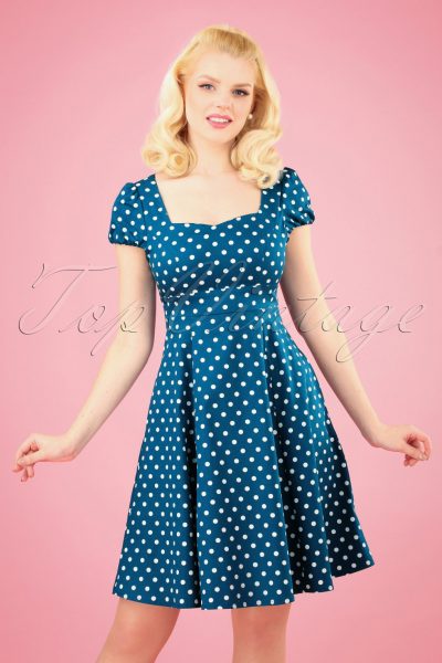 50s Claudia Polkadot Swing Dress in Peacock Blue