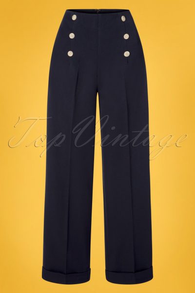 40s Adventures Ahead Button Trousers in Navy