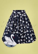 50s Summer Swan Pleated Swing Skirt in Navy