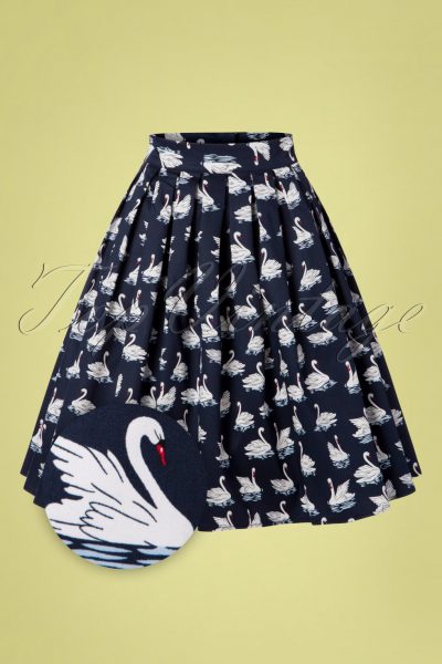 50s Summer Swan Pleated Swing Skirt in Navy