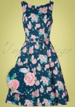 50s Hepburn Pretty Floral Swing Dress in Navy