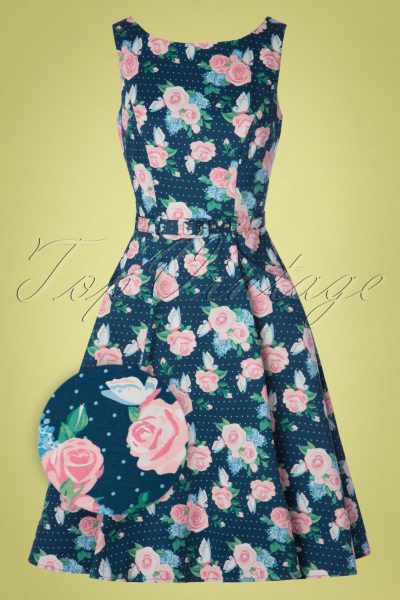 50s Hepburn Pretty Floral Swing Dress in Navy