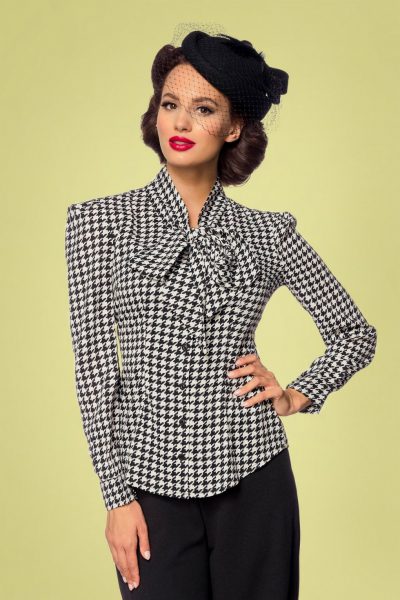 50s Emerson Houndstooth Blouse in Black and Ivory