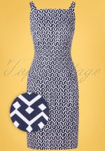 60s Tile Pencil Dress in Navy and White