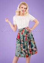 50s Flare Floral Swing Skirt in Duck Egg Blue