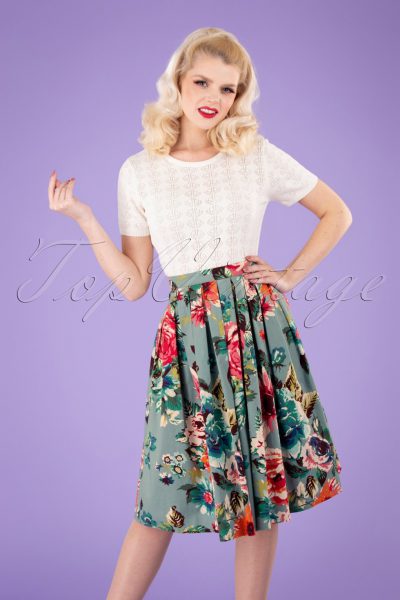 50s Flare Floral Swing Skirt in Duck Egg Blue