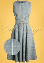 50s Grid Check Flare Dress in Blue