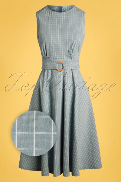 50s Grid Check Flare Dress in Blue