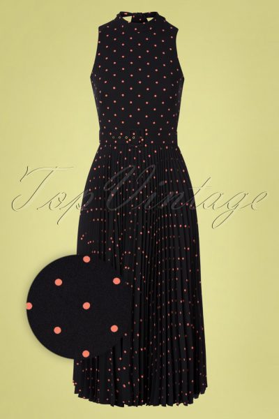 50s Penny Polkadot Pleated Dress in Black and Pink