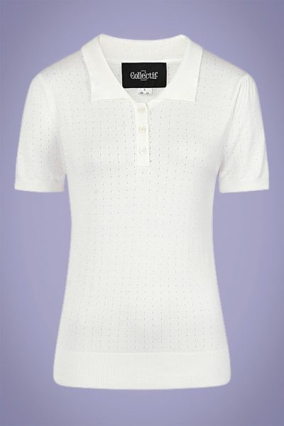 40s Pina Pointelle Knitted Polo in Ivory
