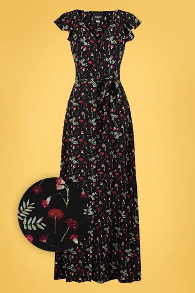 70s Thelma Pressed Flower Maxi Dress in Black