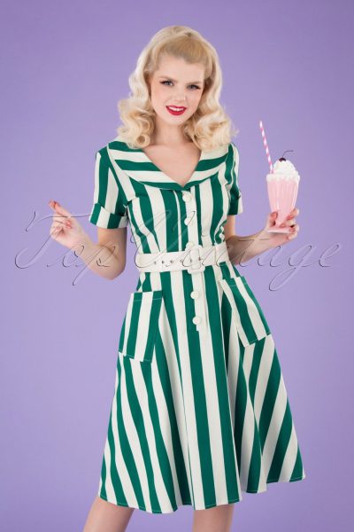 50s Brette Striped Swing Dress in Green and White