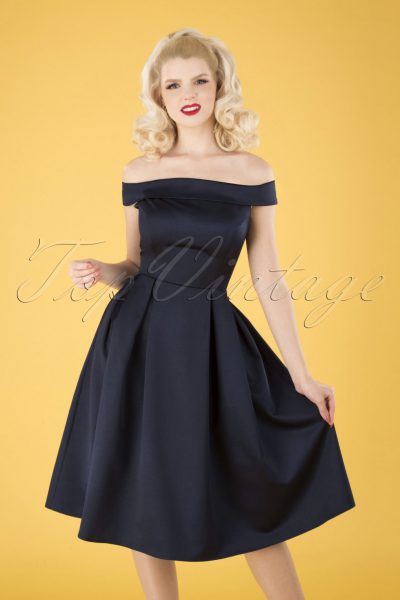 50s Anastasia Satin Swing Dress in Navy