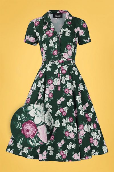 40s Caterina Vintage Bloom Swing Dress in Dark Green