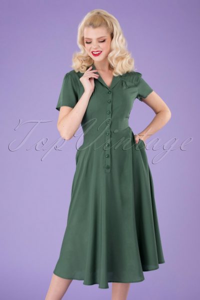 40s Gayle Plain Swing Dress in Green