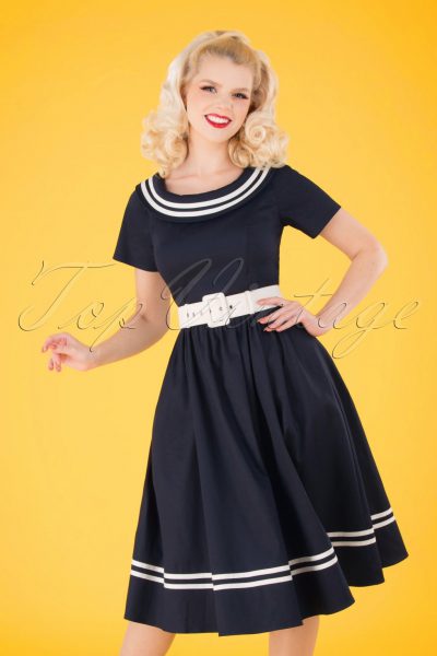50s Tina Nautical Swing Dress in Navy and White