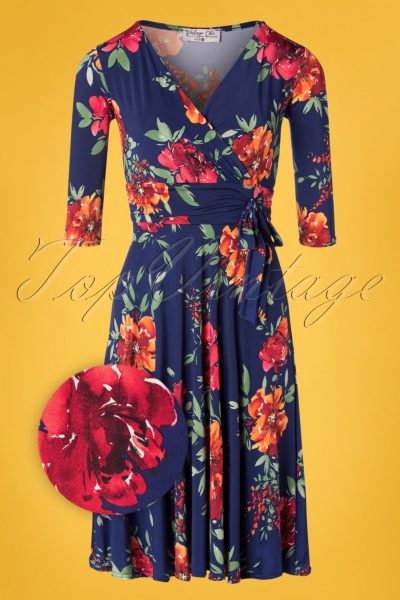50s Caryl Floral Swing Dress in Navy