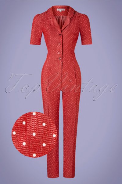 40s Classic Dots Jumpsuit in Denim Red