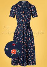 40s Primavera Revers Midi Dress in Navy