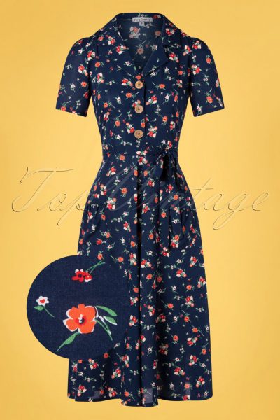 40s Primavera Revers Midi Dress in Navy