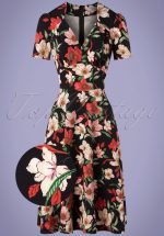 40s Hollywood Portobello Roses Circle Dress in Black