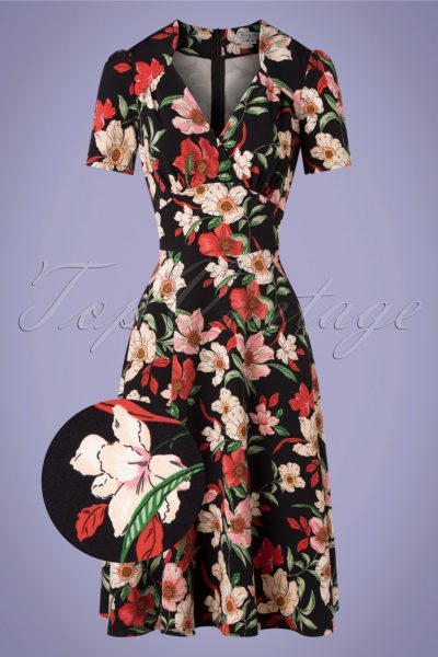 40s Hollywood Portobello Roses Circle Dress in Black