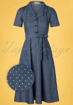 40s Revers Midi Dots Dress in Light Denim Blue