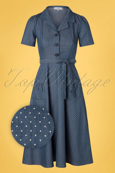 40s Revers Midi Dots Dress in Light Denim Blue