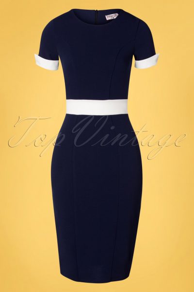 50s Verena Pencil Dress in Navy and White