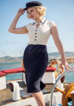 60s Gina Pencil Dress in White and Navy