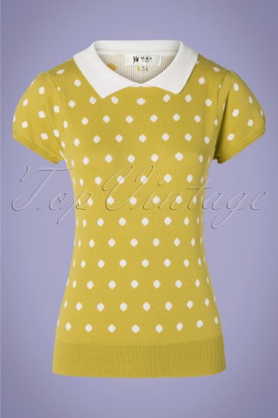 60s Kristen Polkadot Sweater in Moss Yellow and White