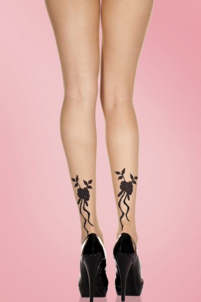 Pretty Black Rose Tights in Beige