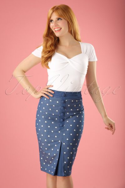 50s Judy Hearts Pencil Skirt in Denim