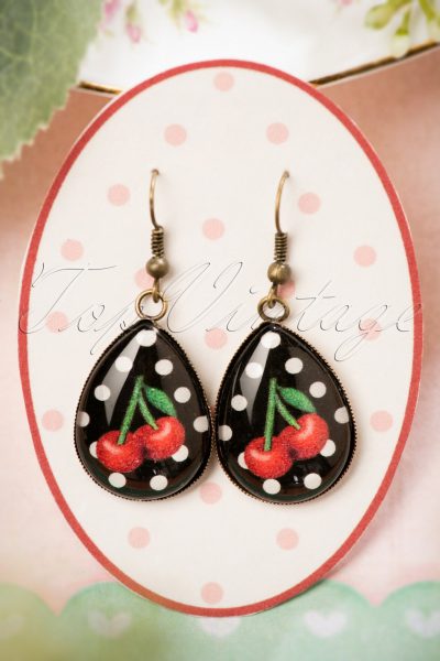 50s Cherry Drop Earrings in Black and Red