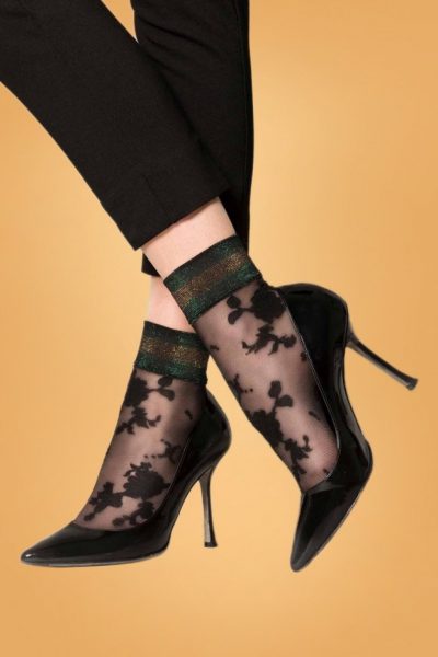 50s Lurex Cuff Flower Socks in Black