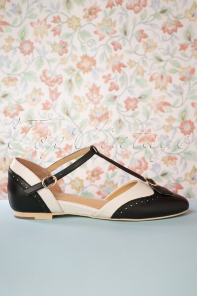 50s Parisienne T-Strap Flats in Black and Cream
