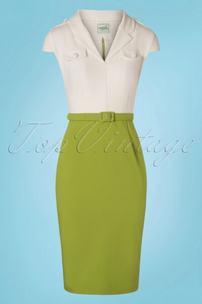 50s Lydia Pencil Dress in White and Green