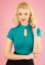 50s Mandarin Collar Top in Teal