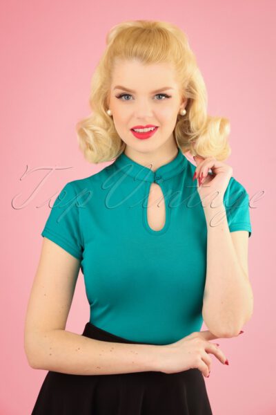 50s Mandarin Collar Top in Teal