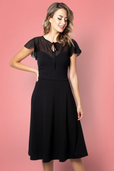 50s Victoria Flutter Sleeve Swing Dress in Black